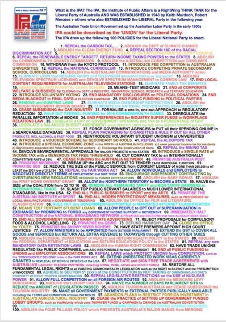 Ellie Large's colour-coded one-page presentation of the IPA's 100 policy proposals